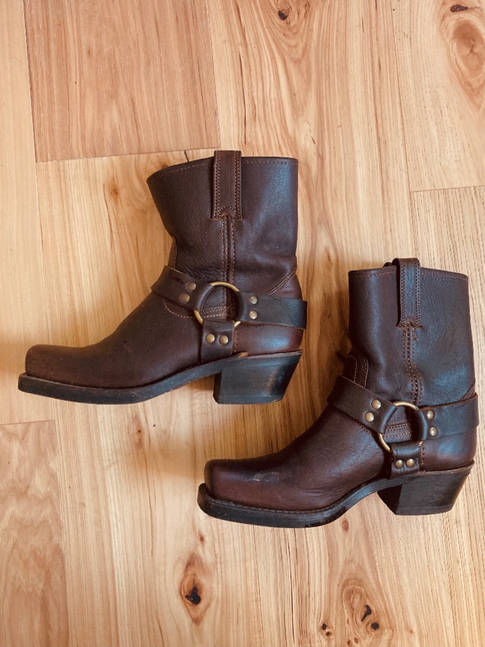 Dark Brown Leather Ankle Womens US 7 Frye Harness Moto Boots Square Toe - Picture 2 of 10